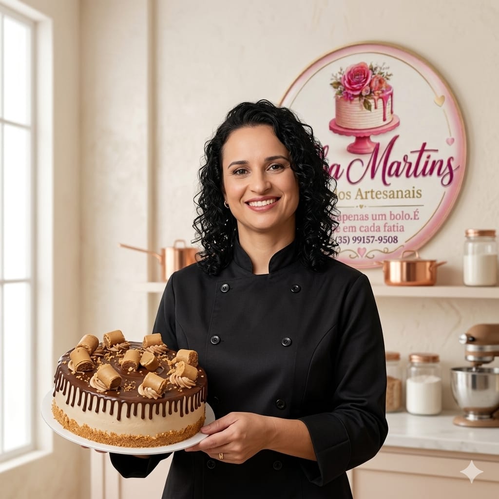 Alba Martins segurando um bolo artesanal