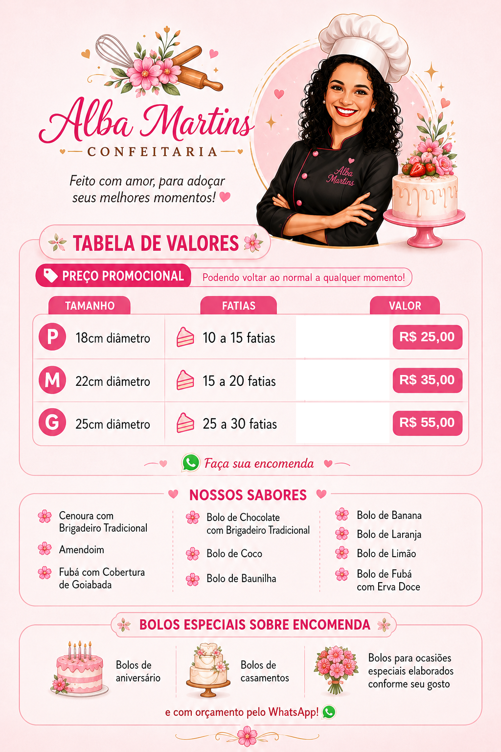 Cardápio Alba Martins com tabela de valores, sabores e opções de bolos especiais